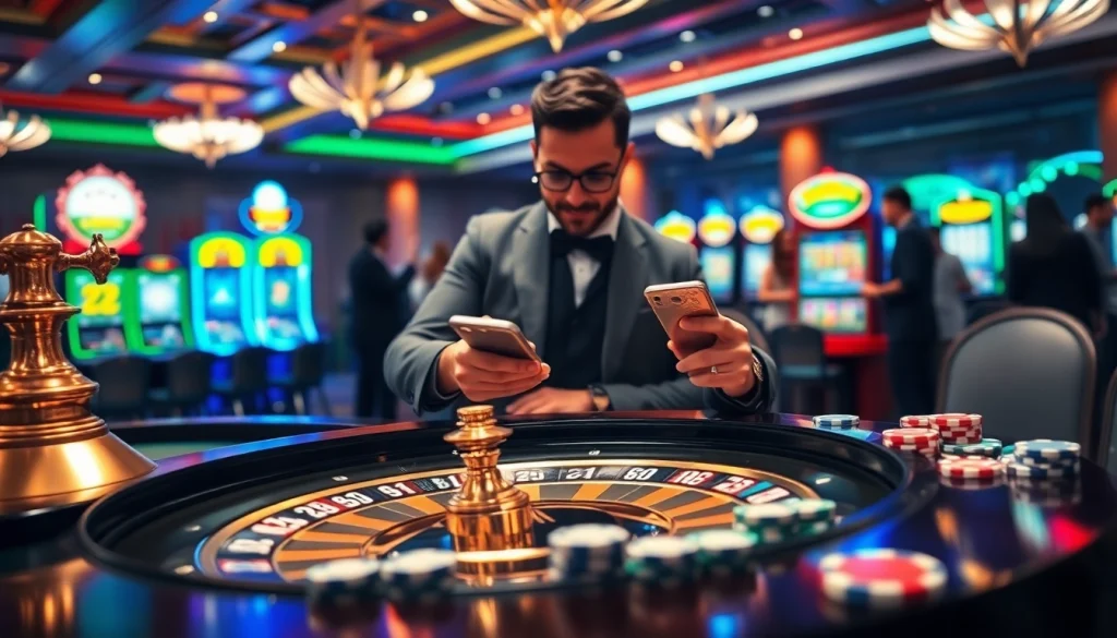 Engaging scene showing online gambling interface related to link alternatif sbobet with poker chips and roulette wheel.