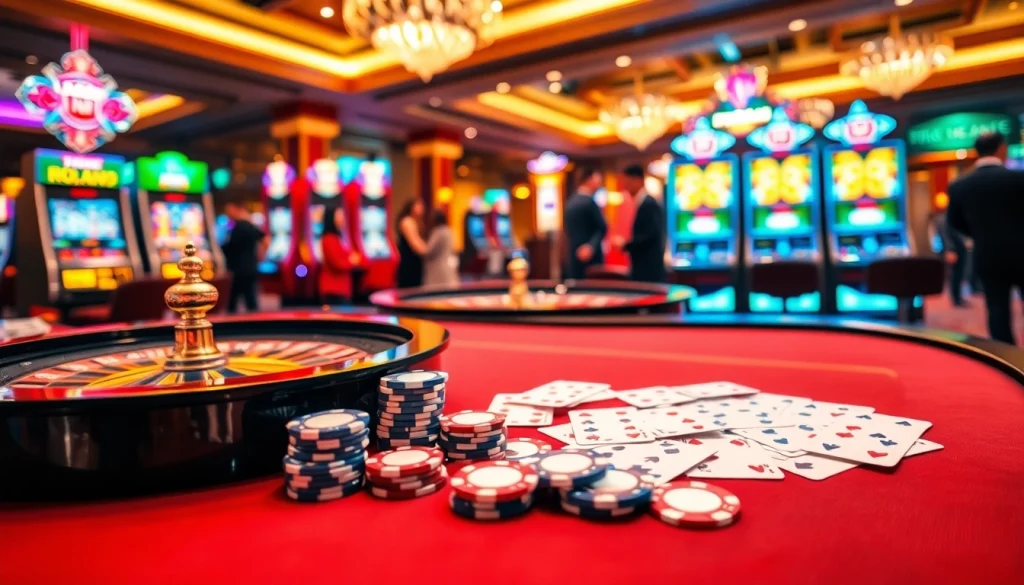 Experience the thrill of xx88 kjc with a vibrant casino setup featuring poker, roulette, and slot machines.