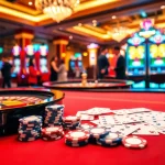 Experience the thrill of xx88 kjc with a vibrant casino setup featuring poker, roulette, and slot machines.