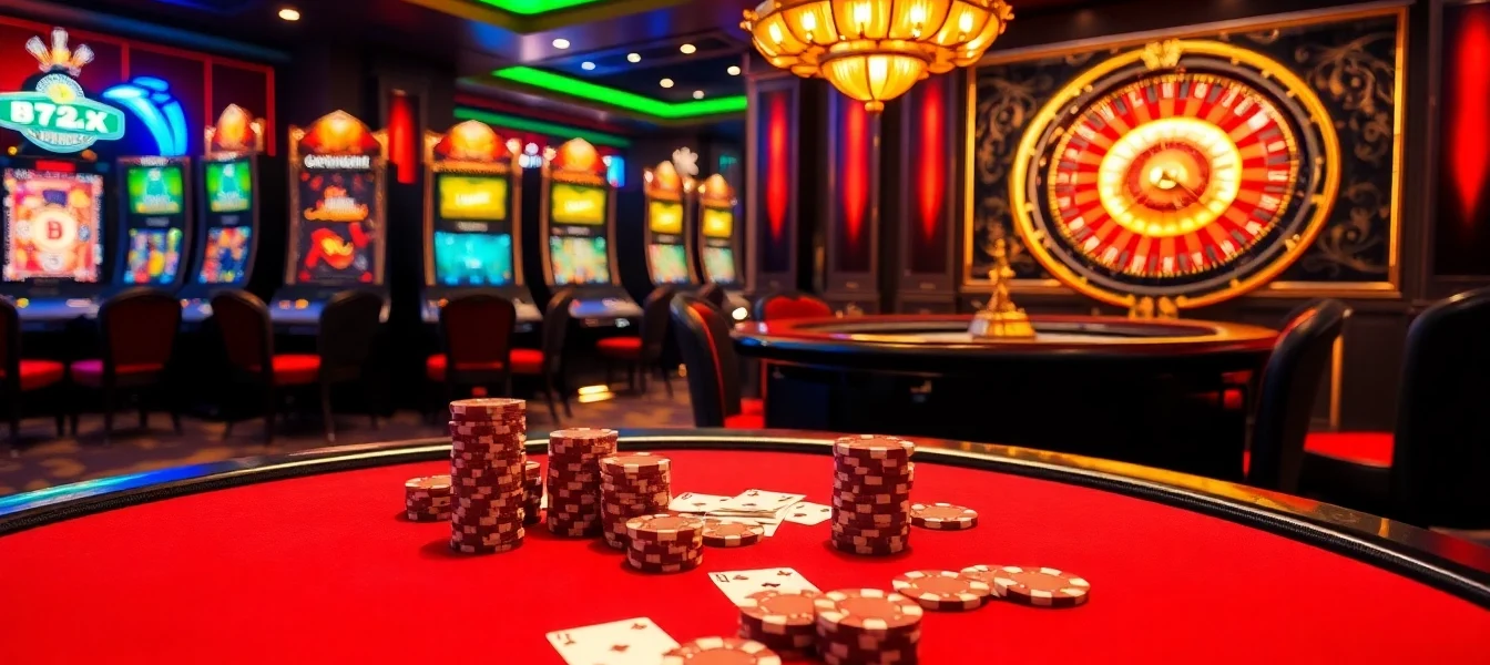 Exciting poker game at b52 club with vibrant chips and cards.