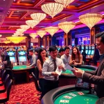 Experience the thrill of winning at RR88 on an upscale casino floor with vibrant gaming tables.
