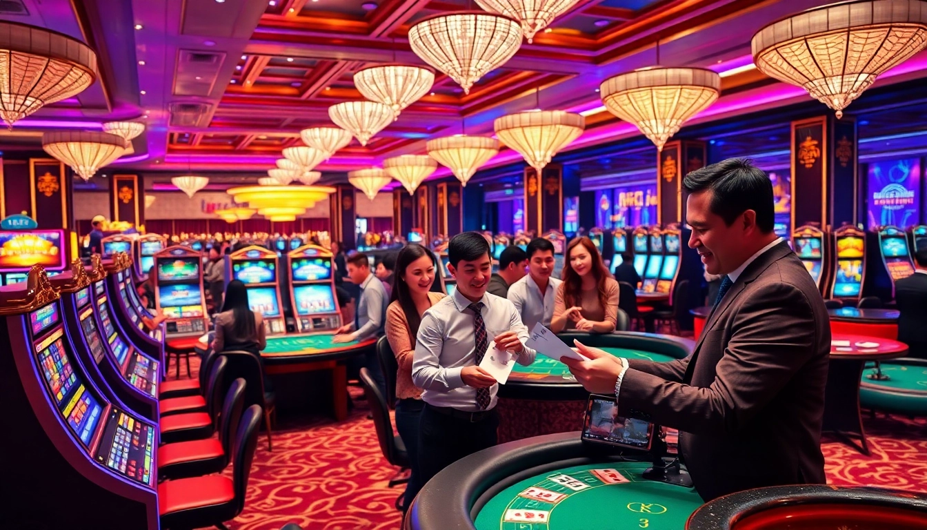 Experience the thrill of winning at RR88 on an upscale casino floor with vibrant gaming tables.