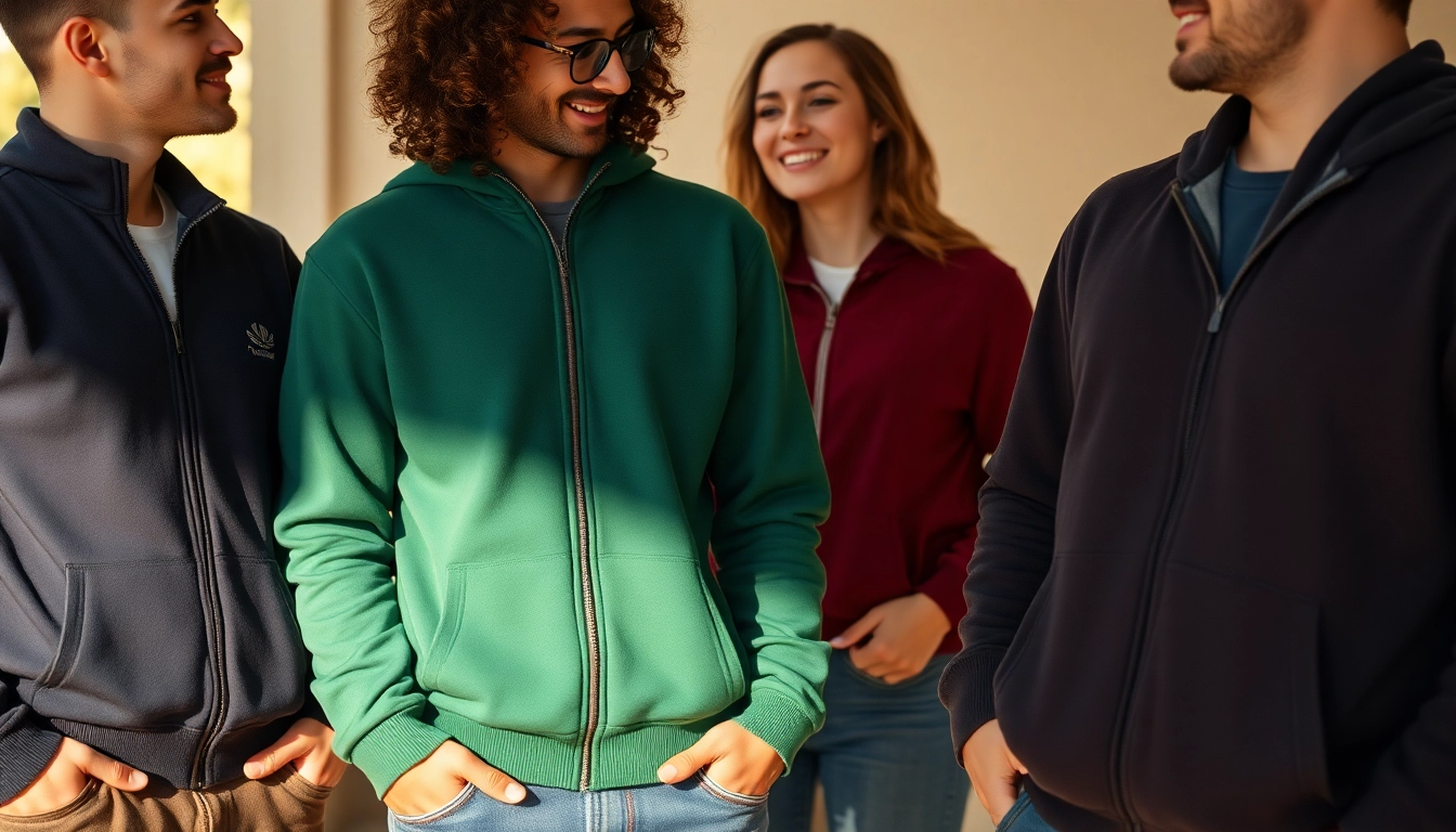 Stilingi dekoruoti džemperiai su užtrauktukais, demonstruojantys individualiai pritaikytus logotipus spalvingoje kasdieninėje aplinkoje.