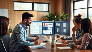 在现代工作空间中与 WPS Office 协同工作的专业人士。