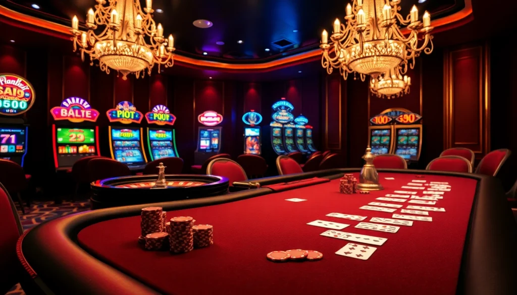 Exciting poker scene with good88 chips, luxurious casino ambiance, and vibrant slot machines.