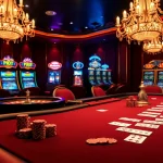 Exciting poker scene with good88 chips, luxurious casino ambiance, and vibrant slot machines.