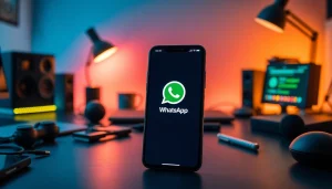 GBWhatsApp displayed on a modern smartphone in a vibrant tech workspace, showcasing its innovative features.