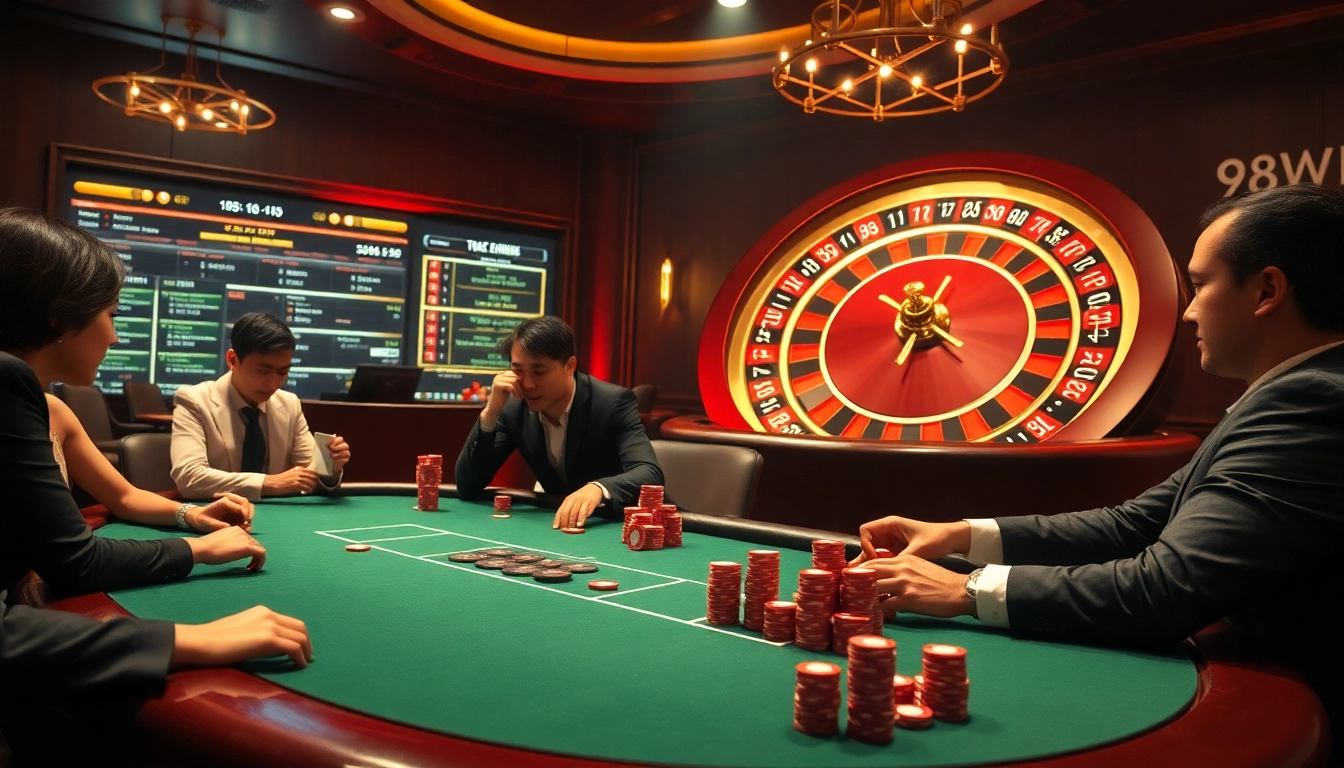 Experience the excitement of 98WIN at a high-stakes poker table with vibrant poker chips and a spinning roulette wheel.