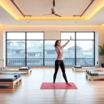 台東区でピラティスを体験—専門インストラクターと設備が揃う、落ち着いたモダンなスタジオの雰囲気。