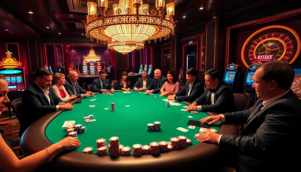 Engage in thrilling poker games at thabet's luxurious casino tables, surrounded by excitement.