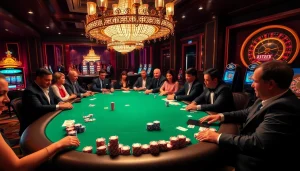 Engage in thrilling poker games at thabet's luxurious casino tables, surrounded by excitement.