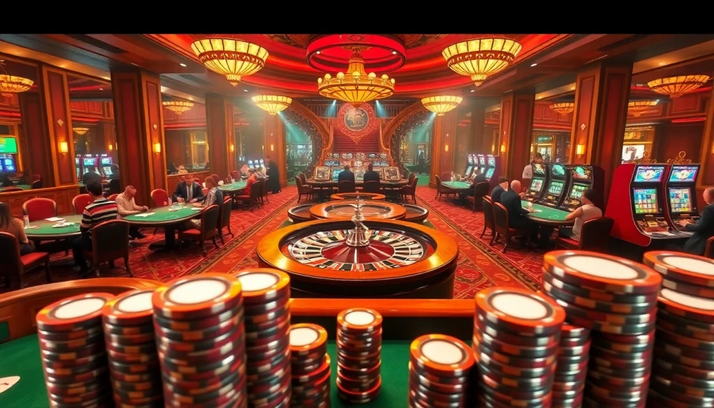 Experience the exhilarating gaming atmosphere at RR88, featuring players engaged around roulette wheels and poker tables.
