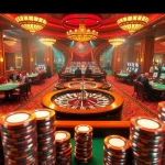 Experience the exhilarating gaming atmosphere at RR88, featuring players engaged around roulette wheels and poker tables.
