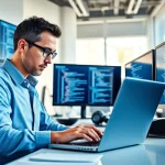 Analyze linkedin scraper pricing strategies in a bright, modern office with tech elements.