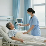 Giường bệnh nhân being adjusted by a nurse for patient comfort in a healing hospital room environment.