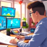Erkläranimation im kreativen Studio mit bunten Grafiken und einem Animator bei der Arbeit.