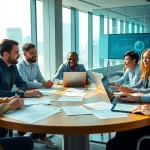 Visualize a collaborative Content Gap Analysis session with marketers strategizing and reviewing data.