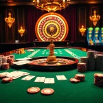 Vivez l'excitation de meilleure casino en ligne avec une table de jeu luxueuse entourée de joueurs enthousiastes et de machines à sous vibrantes.