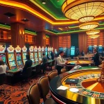 Rasakan sensasi permainan sumotogel di kasino mewah dengan meja-meja berwarna-warni dan para pemain.