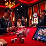 Scène excitante d'une table de jeu montrant l'atmosphère de la meilleure casino en ligne avec des joueurs et des cartes.