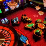 Experience gaming excitement with the mm88 link in a luxurious casino setting, featuring roulette and vibrant slot machines.