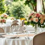 Beautiful wedding & event rentals showcase with elegant decor, floral centerpieces, and warm lighting.