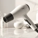 Using the Ionic hair dryer for a sleek and polished hairstyle, featuring its ergonomic design.