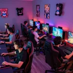 Engaged adults playing hentai games in a vibrant gaming lounge with animated screens.