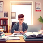 Young adult using resources for CompTIA exam assistance in a study setting.