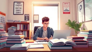 Young adult using resources for CompTIA exam assistance in a study setting.