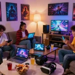 Engaged friends playing online porn games together on various devices in a cozy living room setting.
