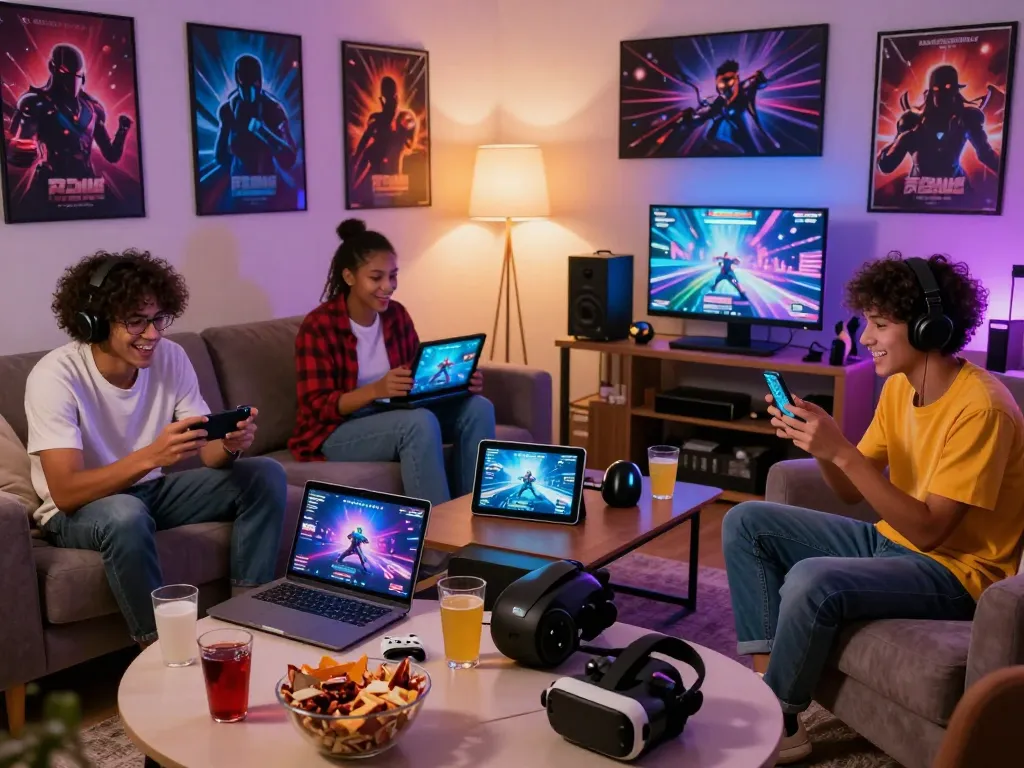 Engaged friends playing online porn games together on various devices in a cozy living room setting.