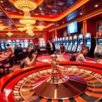 Scène excitante de casino en ligne français avec une roulette dynamique, des tables de poker, et une atmosphère de jeu animée.
