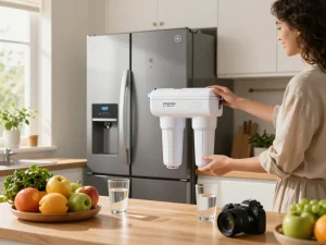Waterdrop WD-F13 Replacement for GE® MWF® Water Filter installed in a modern kitchen for fresh, filtered water.