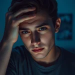 Person experiencing depression symptoms in a serene setting, reflecting deep contemplation.