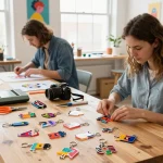 Custom acrylic keychains arranged artistically on a wooden table in a creative studio.