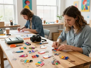 Custom acrylic keychains arranged artistically on a wooden table in a creative studio.