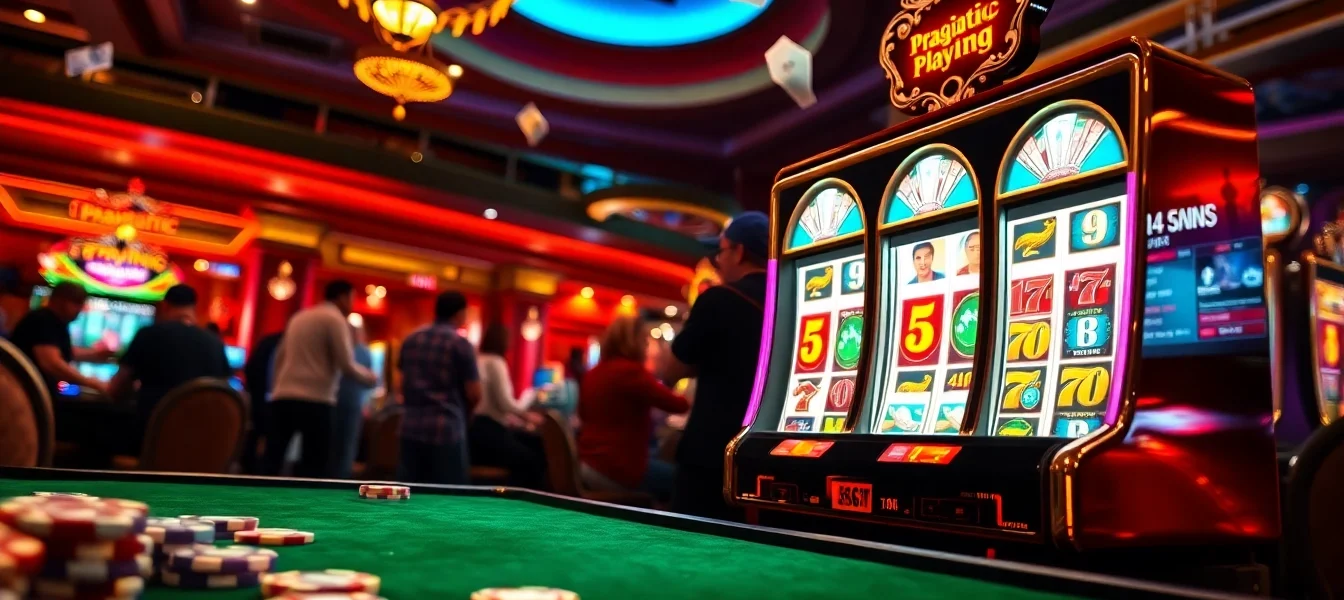 Engaging players trying their luck on the slot pragmatic play machine in a luxurious casino setting.