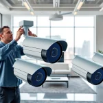 Técnico profesional instalando Cámaras Hikvision en una oficina moderna.
