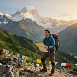 Annapurna Circuit trekking adventure with a traveler enjoying scenic mountain views and rich landscapes.