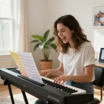 Person engaging with go 88 piano in a bright, inviting living room.