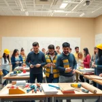 Engaged students participating in construction classes focused on hands-on learning.