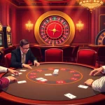 Vivez l'excitation de la meilleure casino en ligne avec une scène de poker dynamique et des éléments de jeu de luxe.