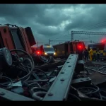 Emergency responders work at the scene of a spain train crash, highlighting chaos and destruction.