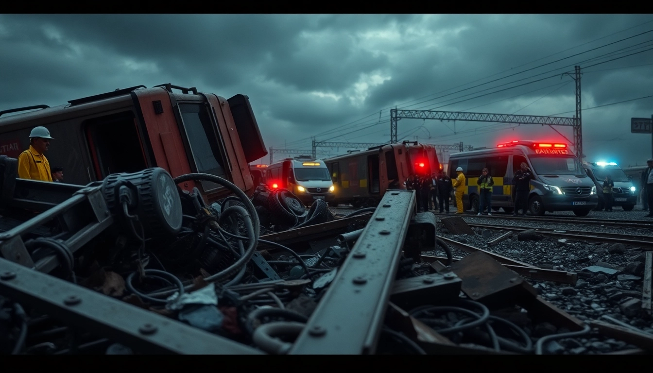 Emergency responders work at the scene of a spain train crash, highlighting chaos and destruction.