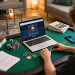 F168 player's focused strategy during an intense online casino poker session at home