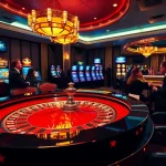 Joueurs engagés au meilleure casino en ligne, profitant de la roulette et du poker dans un cadre luxueux.