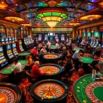 Gagnez gros aux meilleurs casinos en ligne, présentant des tables de casino vibrantes, des jetons de poker et des joueurs enthousiastes.