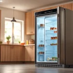 View of an affordable mini fridge and freezer in a modern kitchen with a stylish design.