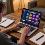Engaged player exploring เว็บสล็อตตรง interface while gaming at home with a cozy atmosphere.